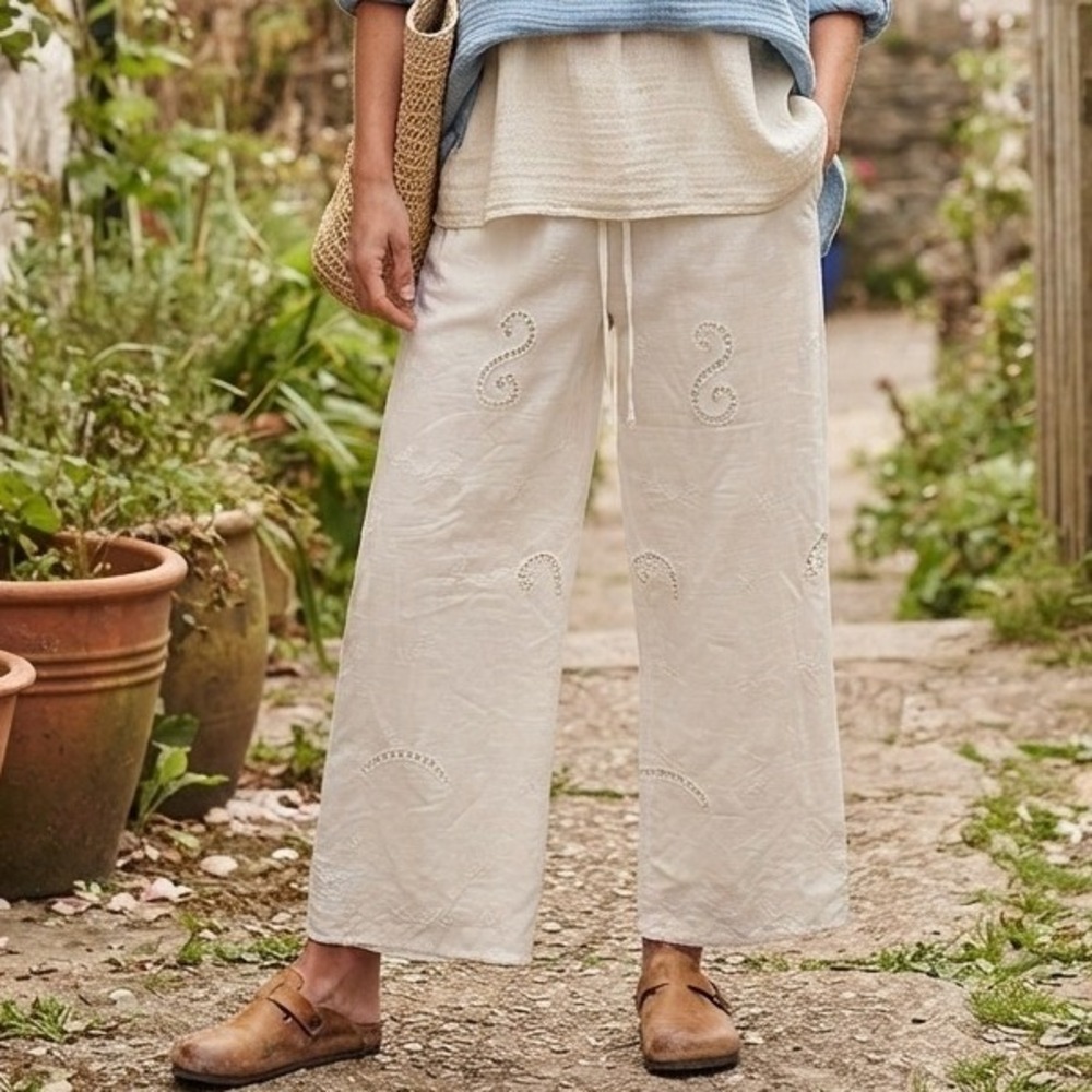 ETHNC wide leg Pants Cotton Eyelet Embroidered white boho lagenlook coastal